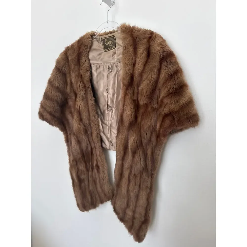 1950s D’Jimas Mink Fur Stole Muff Brown Real Fur Art Deco Evening Wrap